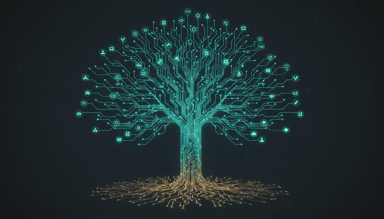 Branching circuit tree representing the open source no-code ecosystem